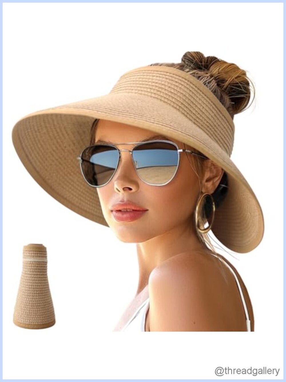 Women Wide Brim Roll-Up Ponytail Packable Straw Sun Visor Hat